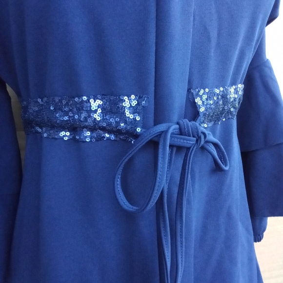 Navy Blue Stretchy Sequined Dressy Traditional Tunic Top with Tiered Bell Sleeve - Picture 4 of 11
